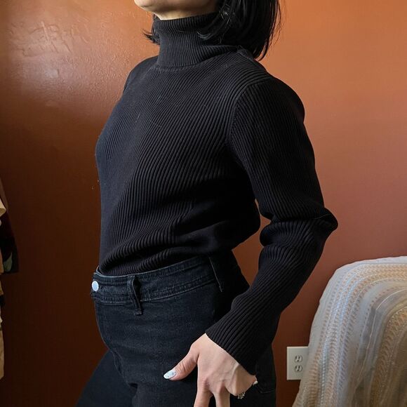 Coldwater Creek medium black Ribbed Turtleneck Sweater pullover minimalist - Picture 8 of 11
